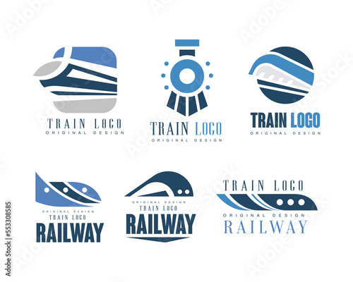 Train and Railway Logo Design with Blue Shape of Rapid Railroad Transport Vector Set