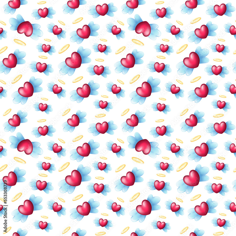 Seamless pattern of of red colored heart with angel wings and shiny golden nimbus on white background