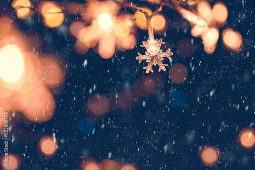 Christmas snowflakes lights with falling snow, snowflakes, Winter and new year holidays. copy space.