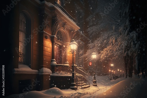 Old winter city, decebmber, Snow, Cinematic lightig. Magical scene. Ai Generative photo