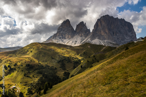 Clouds over mountain Sella Pass in Dolomites
