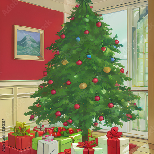 Christmas Tree in a Living Room. Drawing inspired 's style