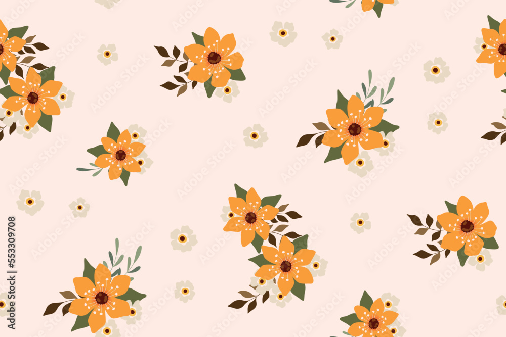 Seamless floral pattern with rustic motif. Cute flower print, liberty ditsy design with small hand drawn plants: yellow flowers, tiny leaves, bouquets on a light background. Vector illustration.
