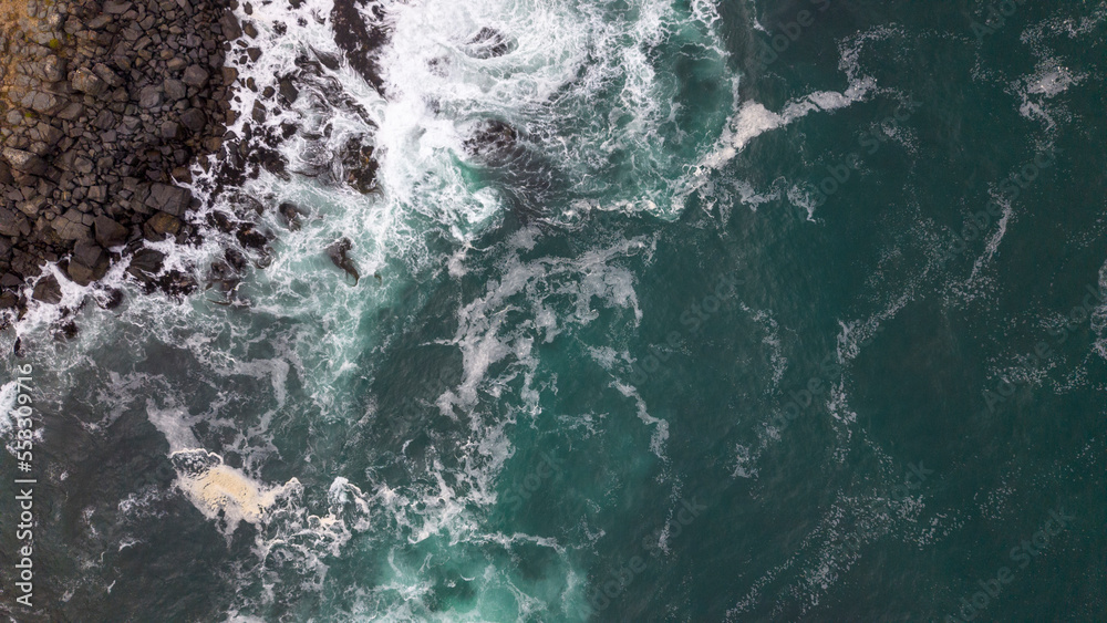 Aerial shot of the pacific ocean at Pichilemu, Chile