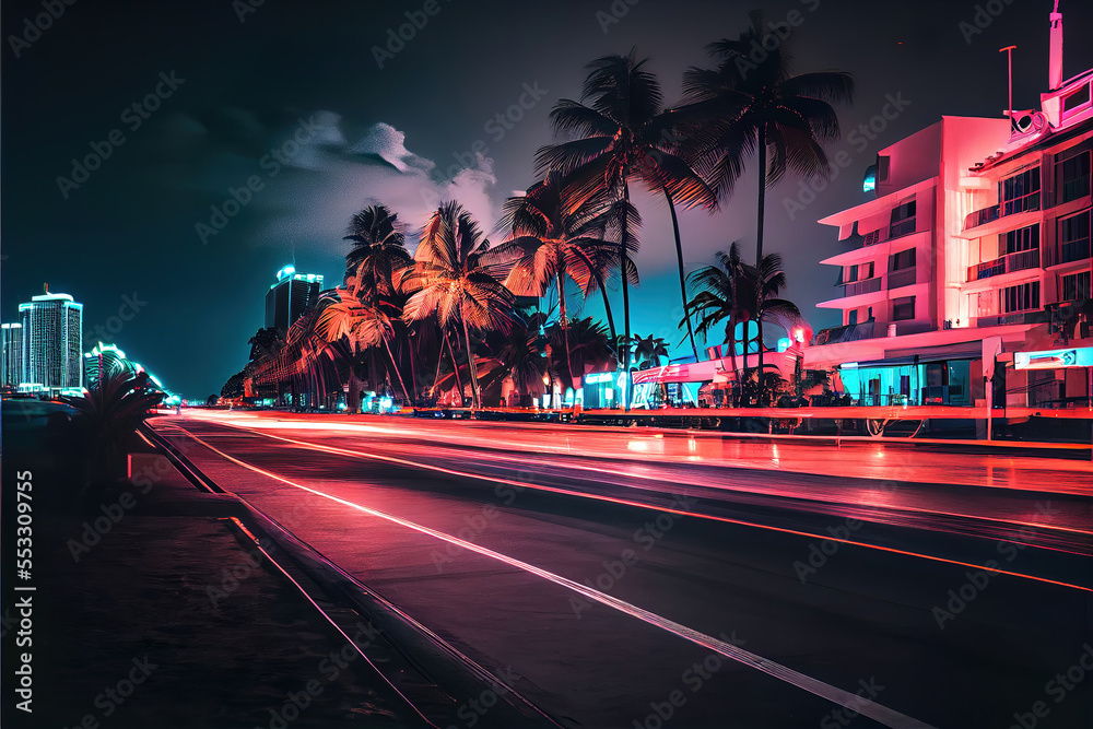 Naklejka premium city street at night with colorful long exposure lights