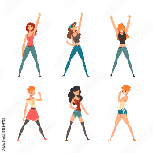 Young Woman Standing in Brave Pose Feeling Strength and Power Vector Set