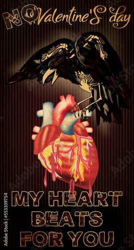 No  Valentines day card, My heart beats for you. Crow skeleton holding a heart vector illustration