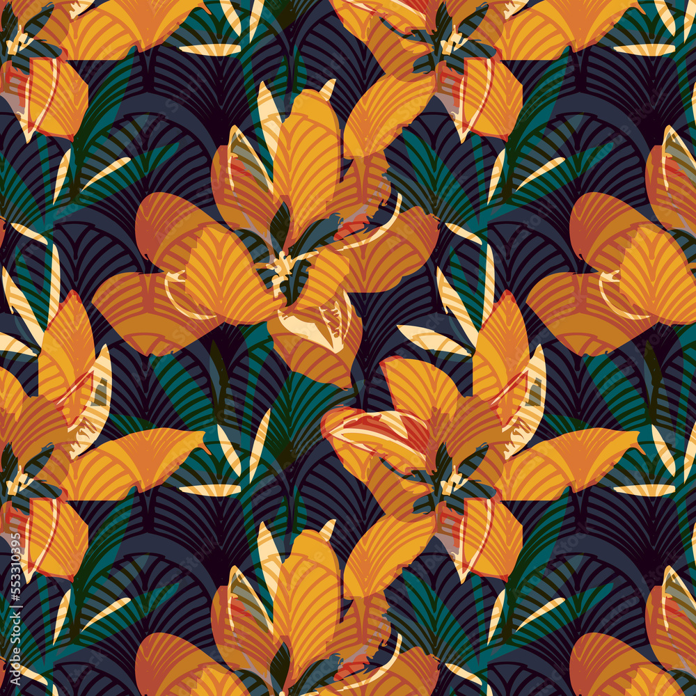Seamless abstruct textured flower  pattern with orange Alstroemeria on a dark blue background