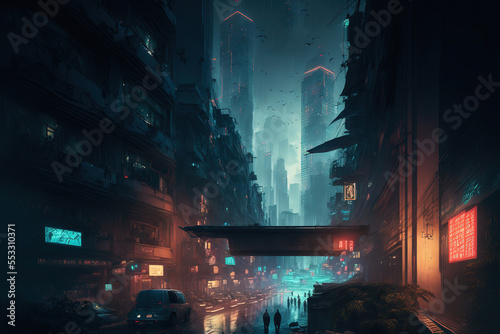 Concept art illustration of cityscape of asian cyberpunk city at night