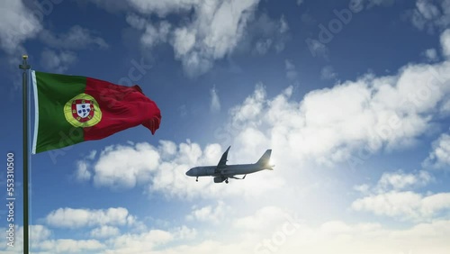 Generic airplane landing in Portugal. A passenger plane lowering its landing gears as it approaches Porto airport.