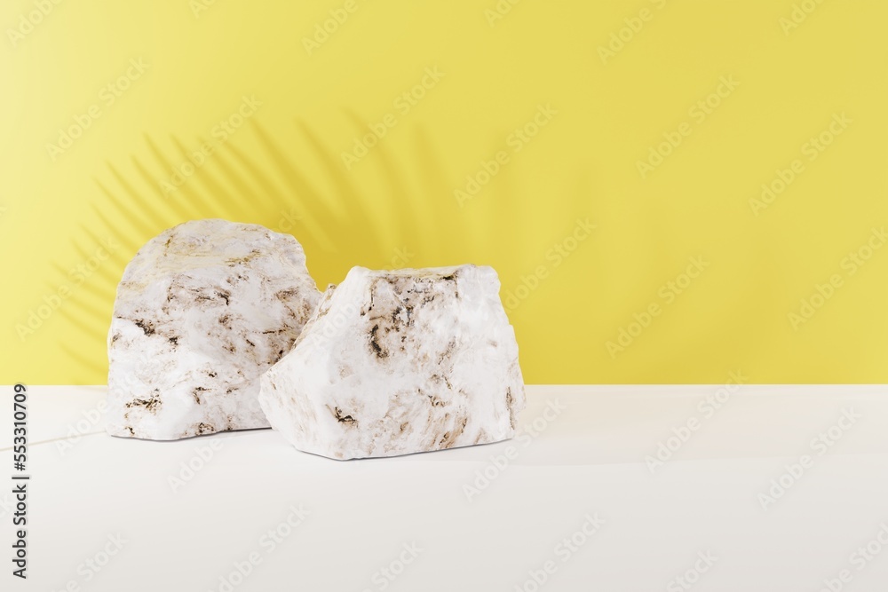 Granite stones on a yellow background and a leaf shadow. Concept of abstract background, background for products and product image. 3D render, 3D illustration.