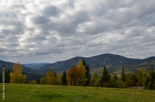 Variety of bright colors of autumn forest in the mountains. Calm and quiet majesty of the Ukrainian Carpathians