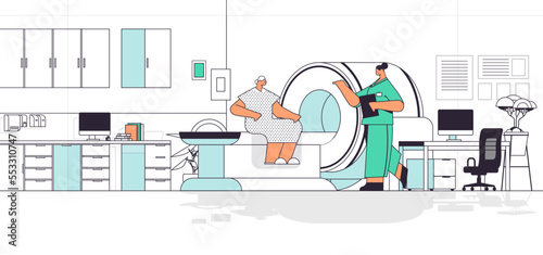 doctor with senior patient in tomography machine magnetic resonance imaging mri equipment hospital radiology concept