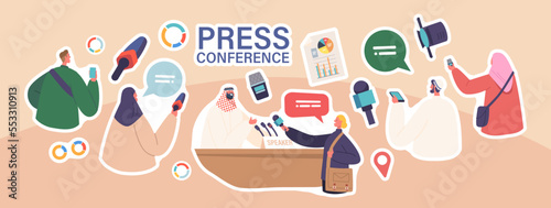 Set of Stickers Arab Press Conference, Briefing with Speaker. Arabic Man Speak to Audience, Journalists or Press Media