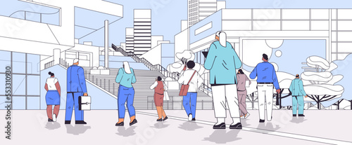 mix race businesspeople team standing back to camera rear view of people group walking outdoor near business center