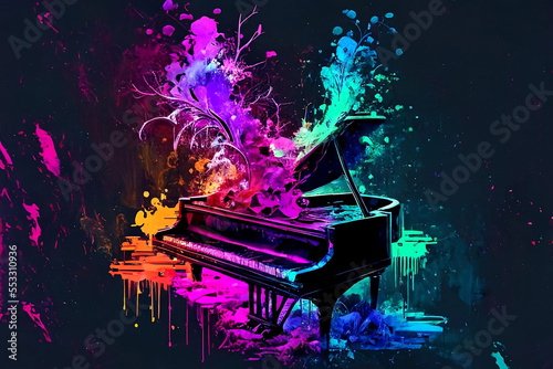 Grand piano erupting with colourful musical energy. Generative AI, this image is not based on any original image, character or person.