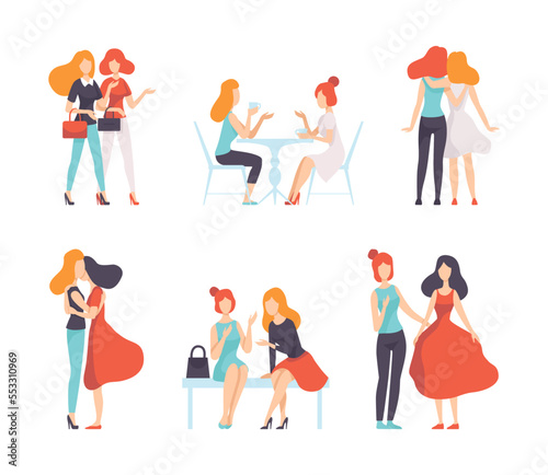 Female Friend Spending Time Together Embracing, Walking and Drinking Tea Vector Set