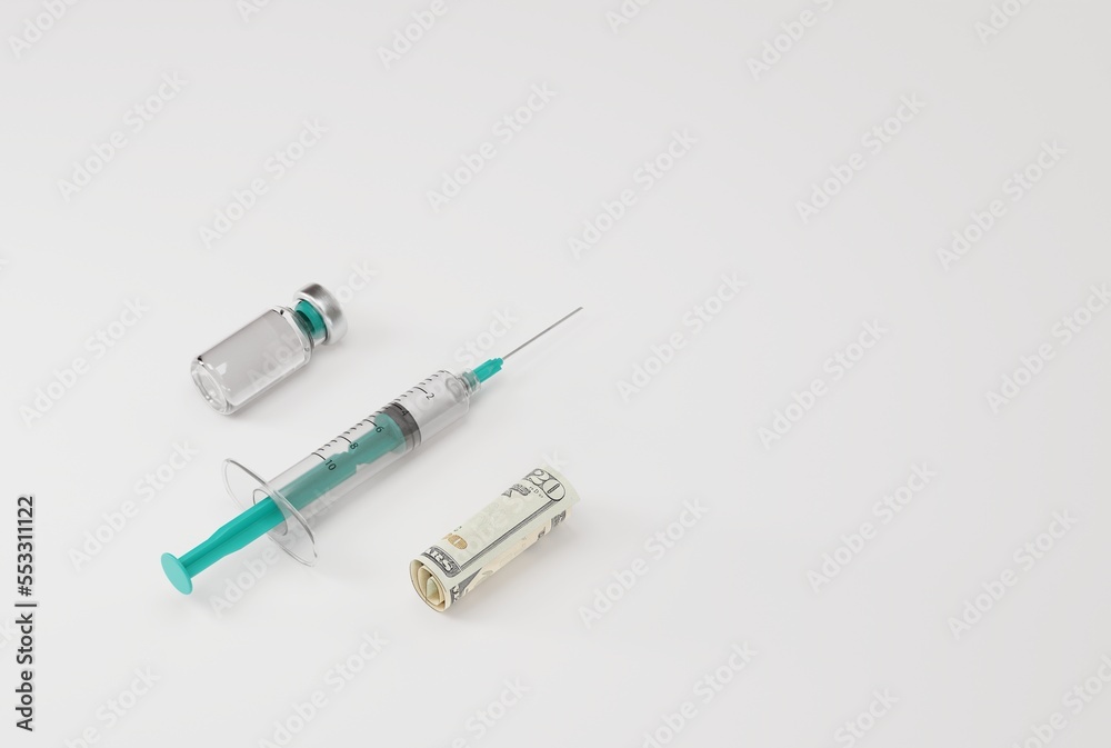 A syringe, a COVID vaccine and a rolled up banknote. Health and medical care concept, taking covid vaccine, making money from coronavirus. 3D render; 3D illustration. A syringe, a COVID vaccine and a rolled up banknote. Health and medical care concept, taking covid vaccine, making money from coronavirus. 3D render; 3D illustration.