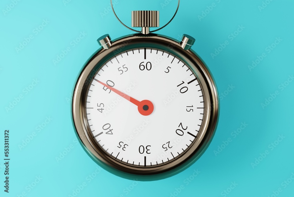 Stopwatch isolated on blue background. The concept of time passing, doing something on time. Countdown to the end of the challenge. Classic stopwatch with pointers. 3D render, 3D illustration. Stopwatch isolated on blue background. The concept of time passing, doing something on time. Countdown to the end of the challenge. Classic stopwatch with pointers. 3D render, 3D illustration.