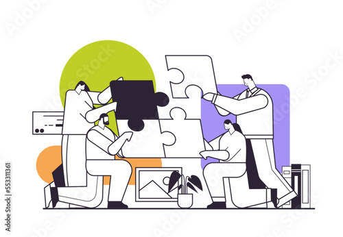 businesspeople team putting parts of puzzle together problem solution teamwork concept