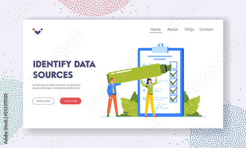 Identify Data Sources Landing Page Template. Tiny Characters Fill Questionnaire Form with Highlighter Putting Tick Marks