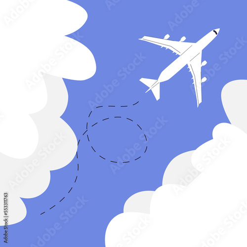 Fototapeta Naklejka Na Ścianę i Meble -  Blue sky with clouds and a plane taking off. Announcement of the opening and the beginning of flights after quarantine. Illustration, vector