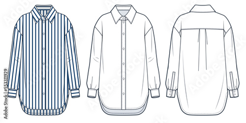 Basic Shirt technical fashion Illustration, striped design. Classic Shirt fashion technical drawing template, cuffed long sleeve, relaxed fit, front, back view, white, women, men, unisex CAD mockup.