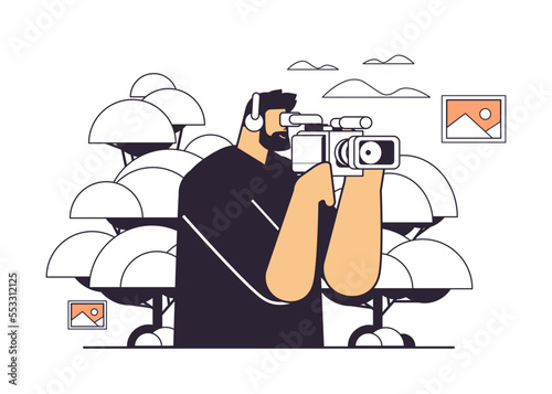 television operator using video camera cameraman looking through camcorder movie making concept
