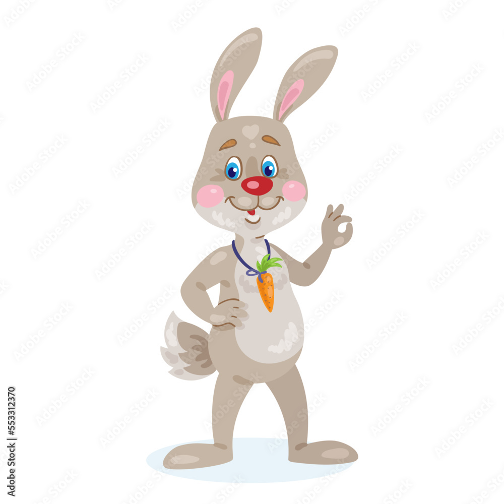 Funny rabbit - a symbol of the New Year stands and shows a gesture of ok. In cartoon style. Isolated on white background. Vector flat illustration.