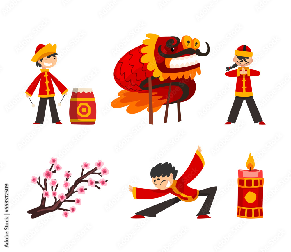 Naklejka premium Asian New Year with Chinese Traditional Cultural Symbols Like Dragon, Sakura and Burning Candle Vector Set