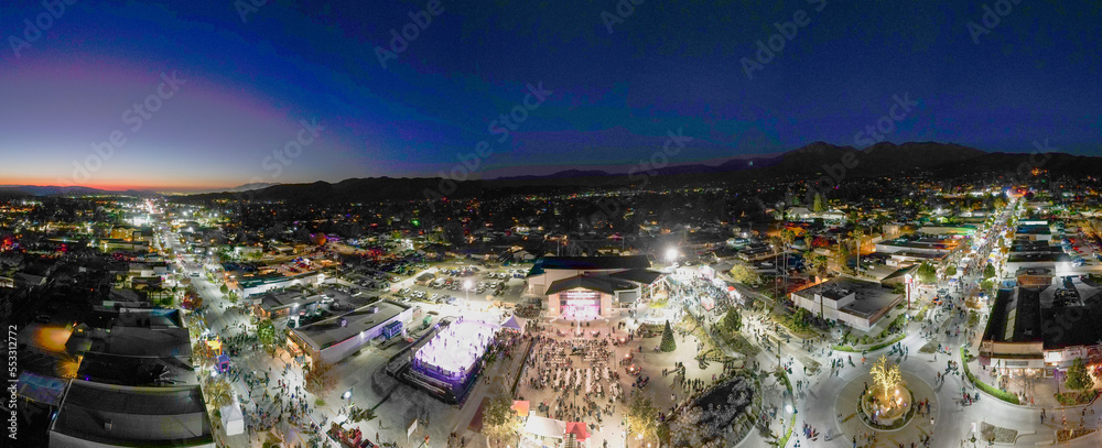 Yucaipa, California, as Seen from a Drone UAV Aerial View as the Town Celebrates Winterfest Winter looking at the Performing Arts Center and the Ice Rink with Large Crowds of People