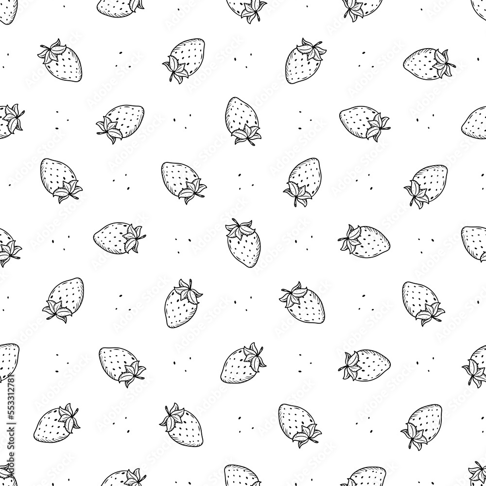 Black and white pattern with outline strawberries. Vector seamless berry background in retro style. Black and white pattern with outline strawberries. Vector seamless berry background in retro style.