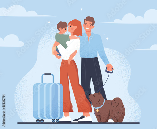 Family goes on vacation. Man and women with child and suitcases, young couple and happy family. Tourists and travelers with pet. Poster or banner for website. Cartoon flat vector illustration