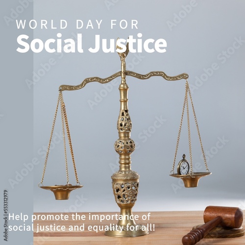 Composition of world day of social justice text over justice scales and gavel