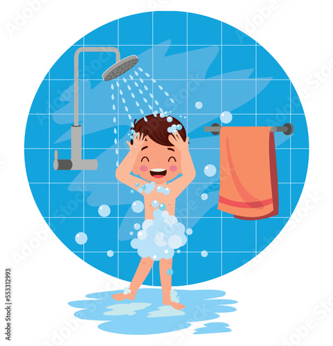 little kid take a shower and wash body