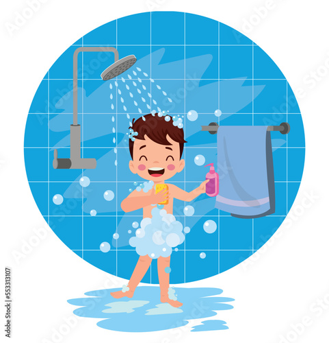 little kid take a shower and wash body