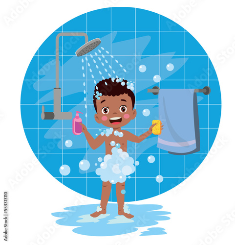 little kid take a shower and wash body