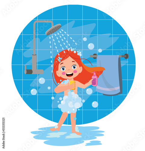 little kid take a shower and wash body