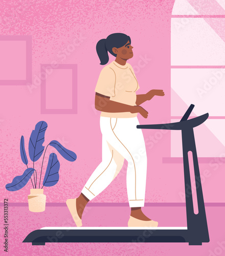 Obese woman on treadmill. Young girl does cardio workout at home, burns fat. Active lifestyle and sport, marathon. Useful hobbies and leisure, poster or banner. Cartoon flat vector illustration
