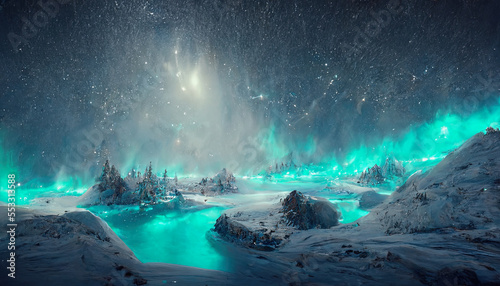 ai generative midjourney illustration of a winter landscape in an arctic area with turquoise norther lights and stars at the night sky