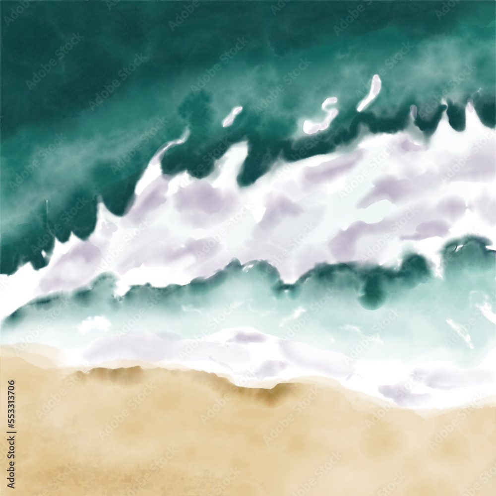 Watercolor beach and sea drawing