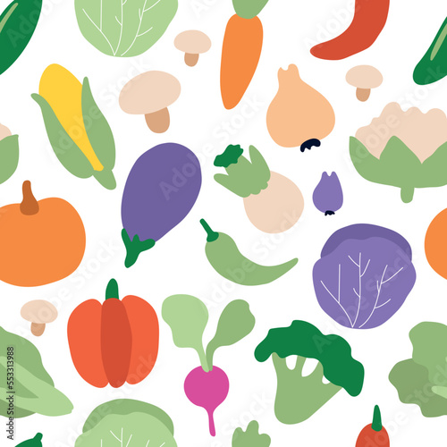 Vegetable seamless pattern. Healthy food background. Bell pepper, broccoli, zucchini pumpkin, onion... Organic, fresh, delicious vegetables. Flat vector illustration