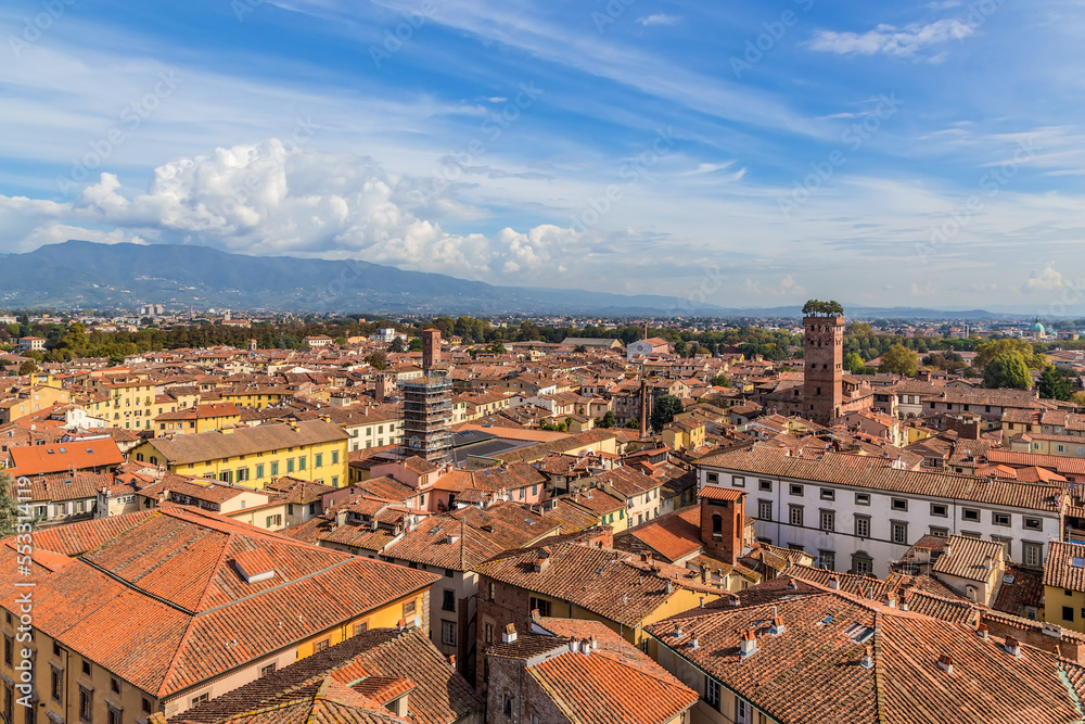 Lucca, Italy. Aerial view from Guinigi tower, 14th century