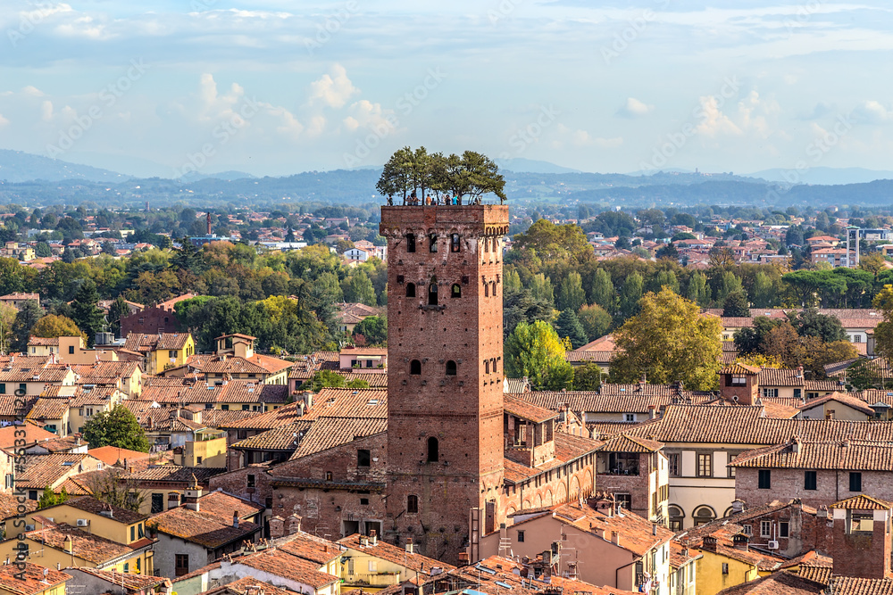 Lucca, Italy. Aerial view. In the foreground is the Guinigi tower, XIV century