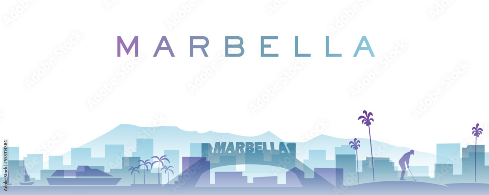 Marbella Transparent Layers Gradient Landmarks Skyline - obrazy, fototapety, plakaty 