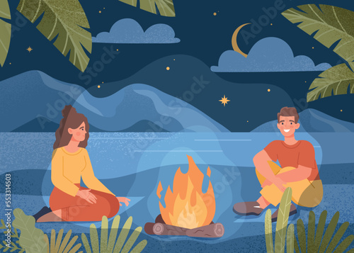 Summer night concept. Man and woman sitting near bonfire, hiking and camping, active lifestyle. Romantic date in nature, outdoor. Young couple in forest or jungle. Cartoon flat vector illustration