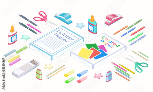 Writing materials and other stationery set. Office supplies in 3D isometric style isolated on white background. 
