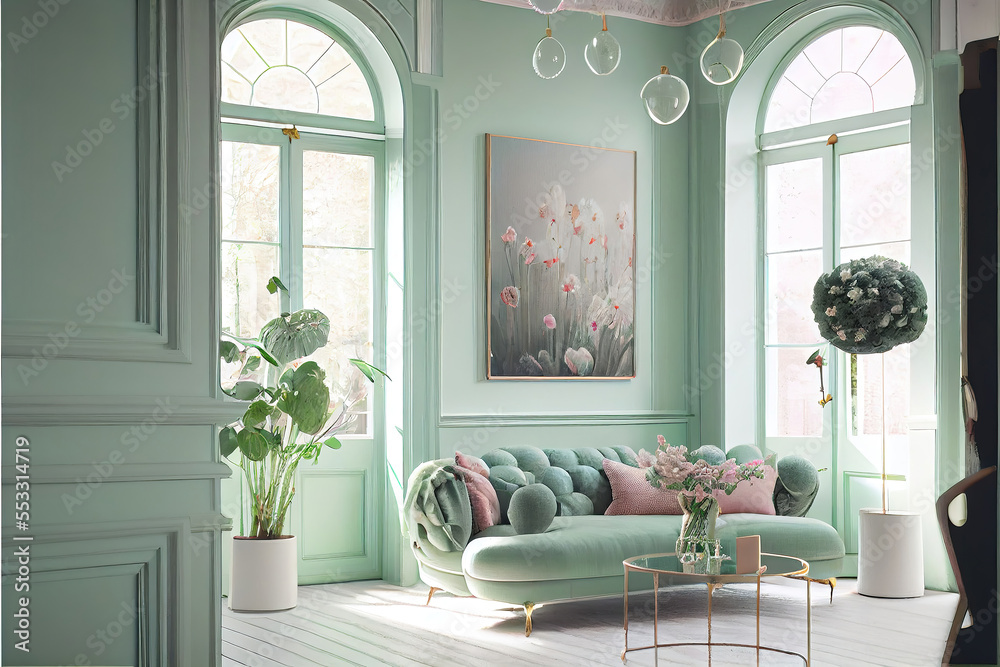 beautiful luxury pastel green interior with spring time flower