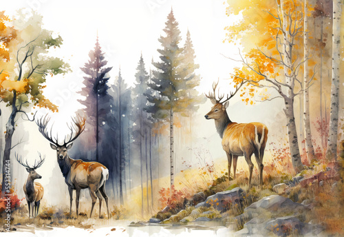 Fototapet Digital watercolor painting European forest in autumn with trees and wildflowers