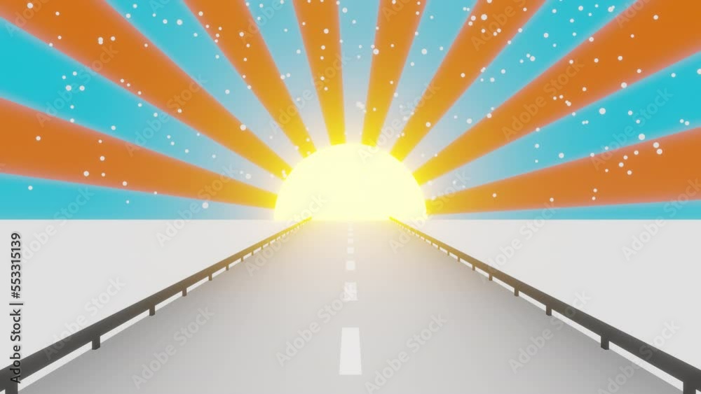 Cartoon winter road with shining sun and snow seamless animation